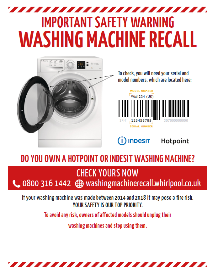 Washing Machine recall poster. Whirlpool.