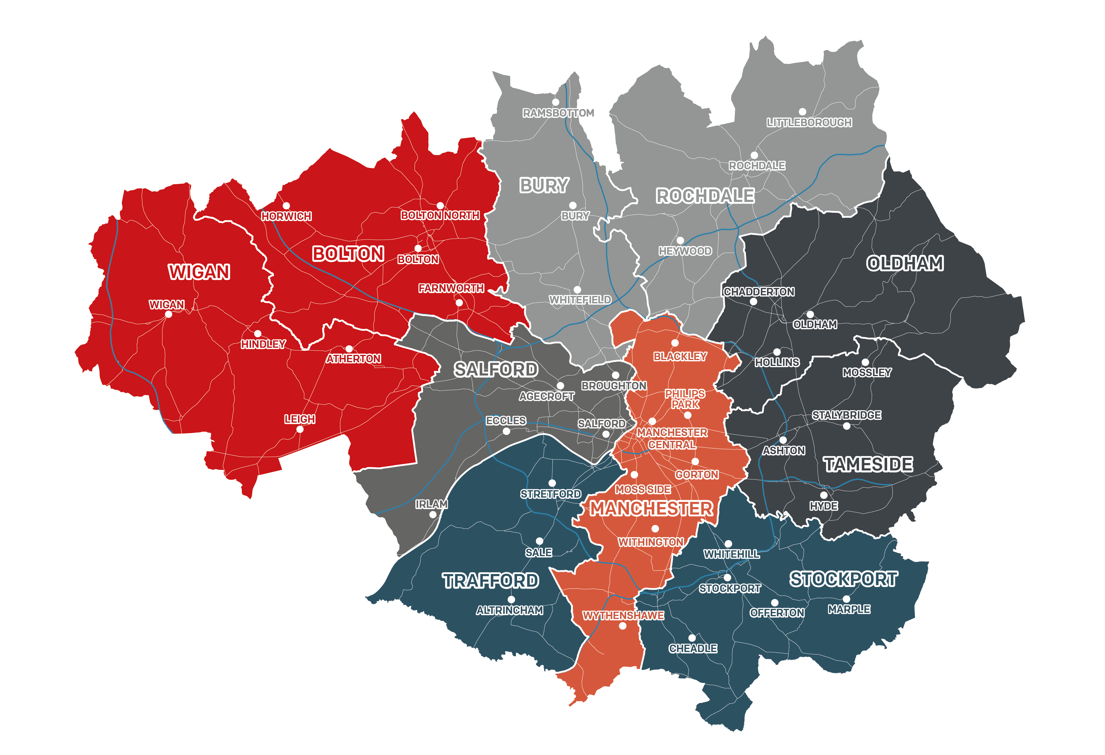 Map of Greater Manchester showing each borough with location labels to show locations of fire stations