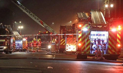 Fire engines at the scene of the Cube fire in Bolton