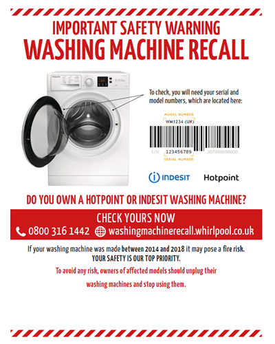 Safety warning notice regarding a washing machine recall, including a request for serial and model numbers and instructions for checking affected models