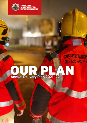 Annual Delivery Plan - Front Cover - Two firefighters in high-visibility jackets with a blurred background of flames, promoting the Annual Delivery Plan 2021-22