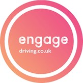 Logo featuring the word "engage" in bold white letters within a circular gradient background that transitions from pink to orange, along with the text "driving.co.uk" at the bottom.