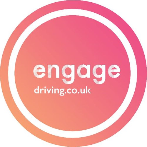 Logo featuring the word "engage" in bold white letters within a circular gradient background that transitions from pink to orange, along with the text "driving.co.uk" at the bottom.
