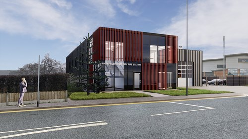 Architect's illustration of the façade of Whitefield Community Fire Station, Bury