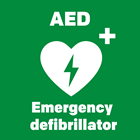 Automated External Defibrillator (AED) with a heart and lightning bolt symbol on a green background