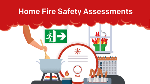 Graphic of pan cooking over gas flame, candle flame, cigarettes in ashtray, bin on fire, smoke alarm and fire exit sign