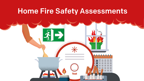 Home fire safety assessment illustration showing various fire hazards and safety equipment
