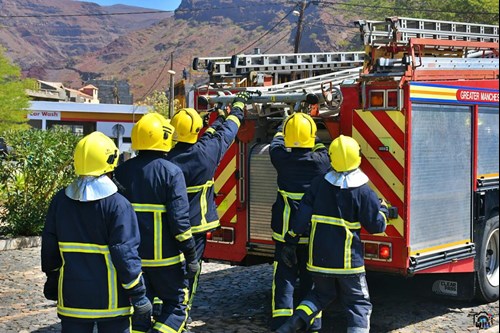 Five firefighters, seen from the back, pull down a ladder from the top of a fire engine