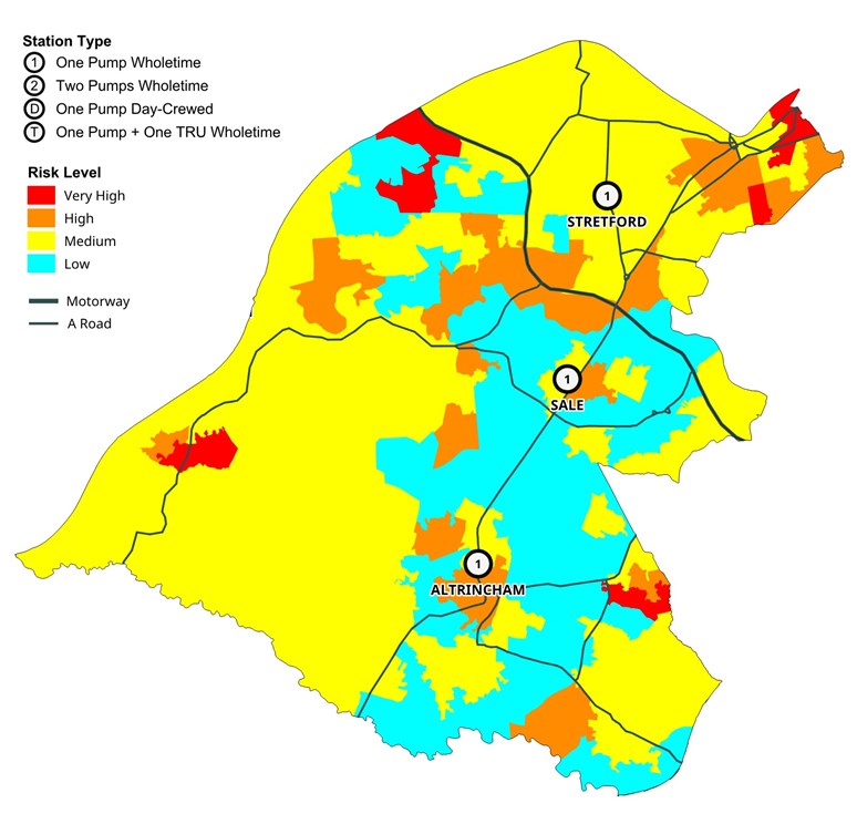 A map of Trafford showing the risk modelling and current crewing systems indicated by station type and risk level in colours..