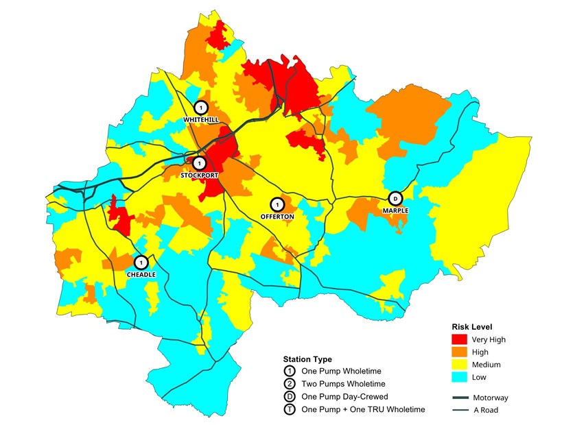 Map of Stockport showing the risk modelling and current crewing systems indicated by station type and risk level in colours