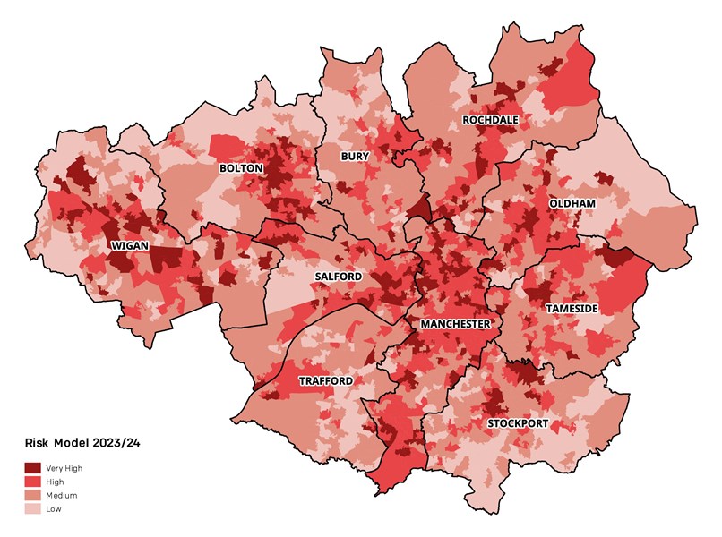 The map shows the predominant risk levels of the areas within each of our 10 districts.