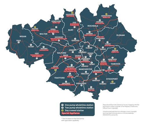Map depicting the current fire cover in Greater Manchester, with locations of fire stations marked, showing one-pump and two-pump whole-time stations, day crewed stations, and special appliances