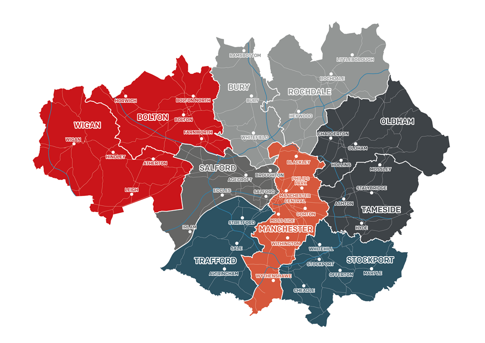 Map of Greater Manchester showing each borough with location labels to show locations of fire stations