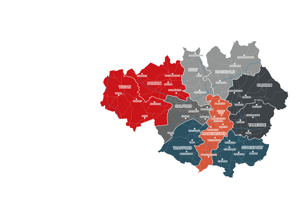 Map of Greater Manchester showing each borough with location labels to show locations of fire stations