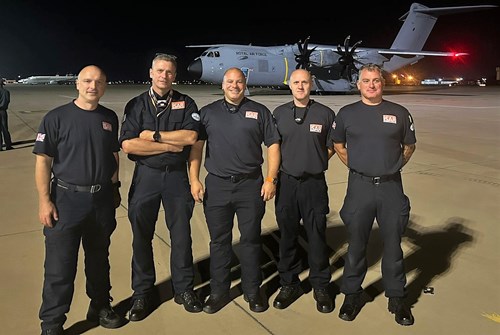 GMFRS firefighters deployed to Morocco - Martin Foran, John Hughes, Gavin Kearsley, Simon Cording, Ross Strother l-r