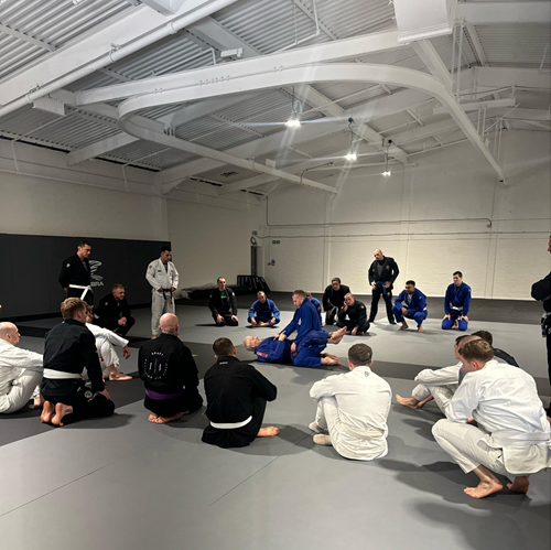 Two members of the GMFRS Brazilian Jiu-Jitsu group are performing a fighting move on mats on the floor. The rest of the group are sat around them in a circle.