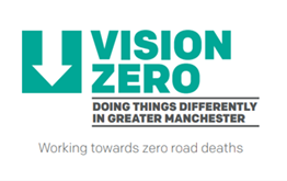 Logo - Vision Zero with text underneath reading 'Doing things differently in Greater Manchester'. Working towards zero road deaths.